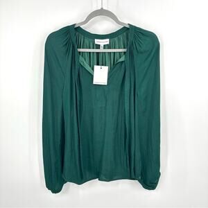 Gibson Latimer Tie Neck Balloon Sleeve Blouse Relaxed Pleats forest green Size M